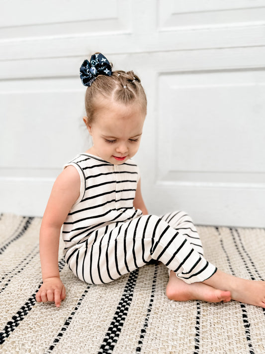 Waffle Romper- Black Stripes