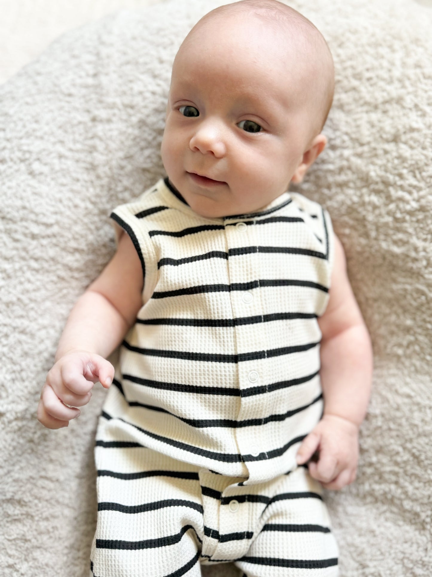 Waffle Romper- Black Stripes