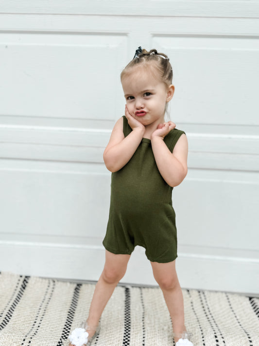 Waffle Shortie Romper- Forest